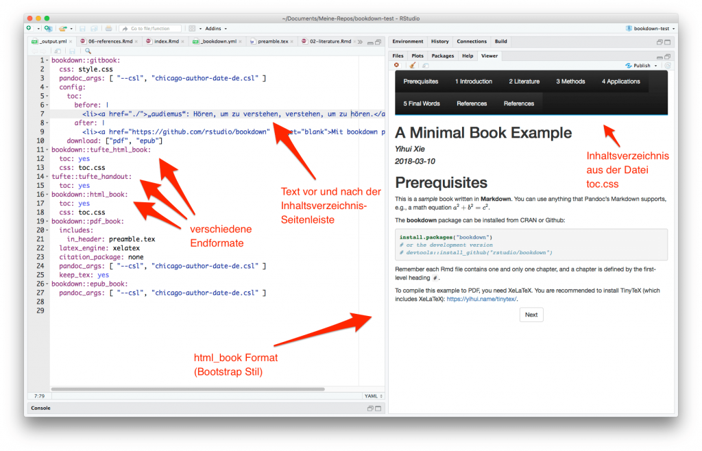 CMP-07: Screenshot zeigt wie verschiedene Publikationsformate in _bookdown.yml eingestellt werden