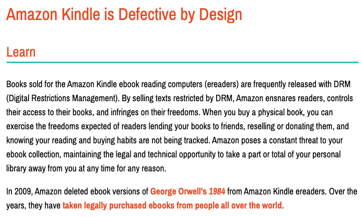 Amazon Kindle is Defective by Design: A quote from the Free Software Foundation.