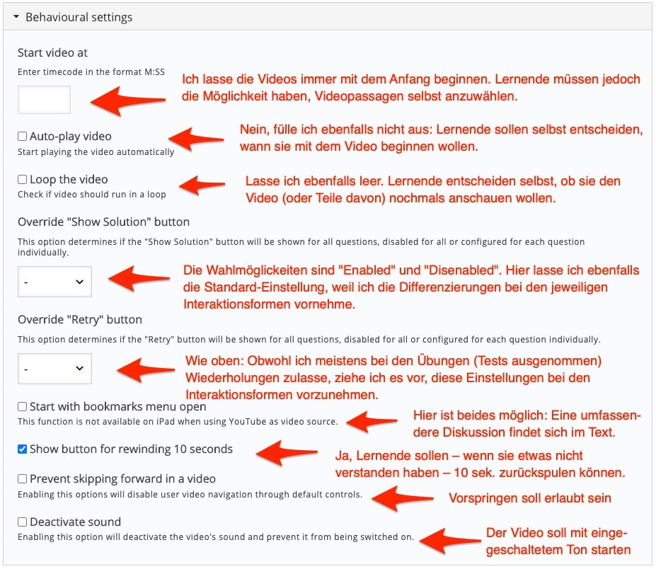 Bildschirm der Einstellungen mit meinem Empfehlungen für das "Interactive Video"-Modul von h5p