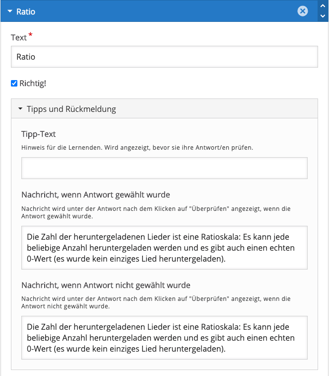 Rückmeldungen für ein Question Set mit Multiple-Choice-Inhaltstyp