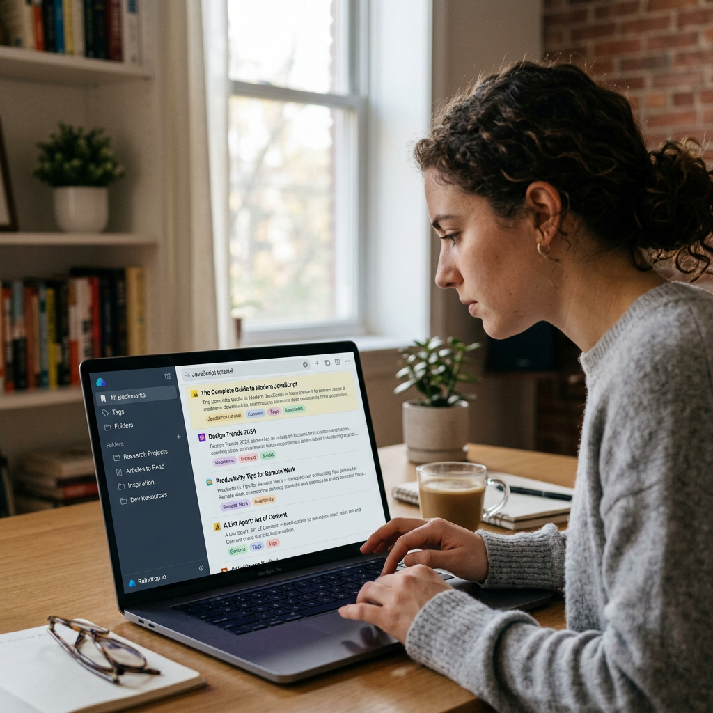 Frau nutzt raindrop.io auf ihrem Laptop zur Organisation von Lesezeichen und Forschungsartikeln