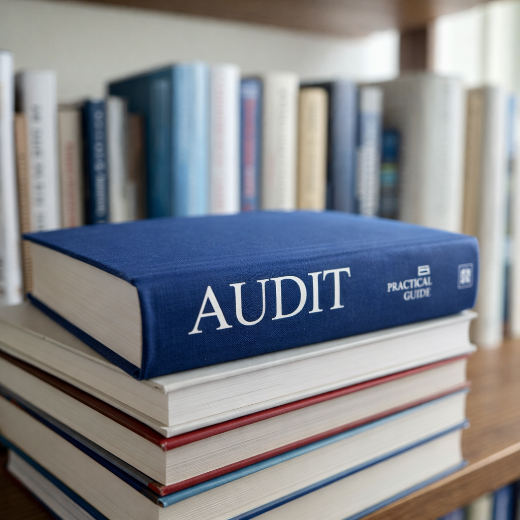 Blaues Buch auf einem Stapel anderer Bücher mit der Aufschrift am Buchrücken: 'Audit A Practical Guide'. Alle Bücher liegen auf einem Bücherregal aus Holz.