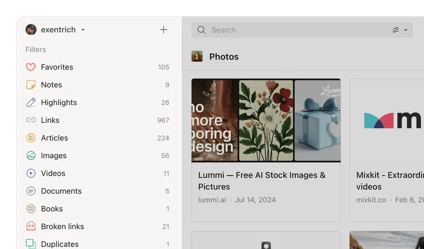 Screenshot zeigt Raindrop.io Filter